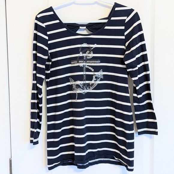 Marble navy marine striped shirt rhinestone sequin anchor decor Small @V - Picture 3 of 8